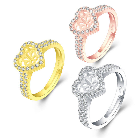 Drilled CZ HEART Ring, Adjustable Size, Sterling Silver